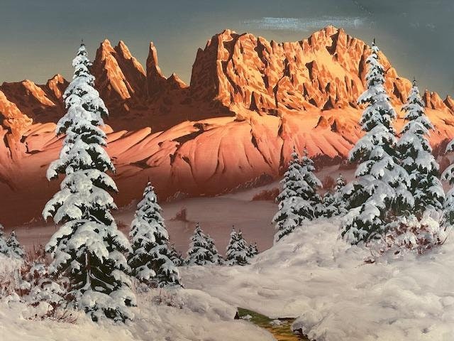 Hans Barma Oil on Canvas, Alpen Glow Mountain Painting