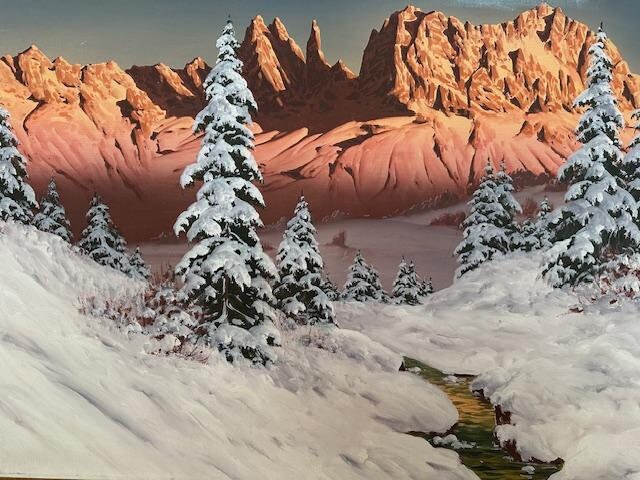Hans Barma Oil on Canvas, Alpen Glow Mountain Painting