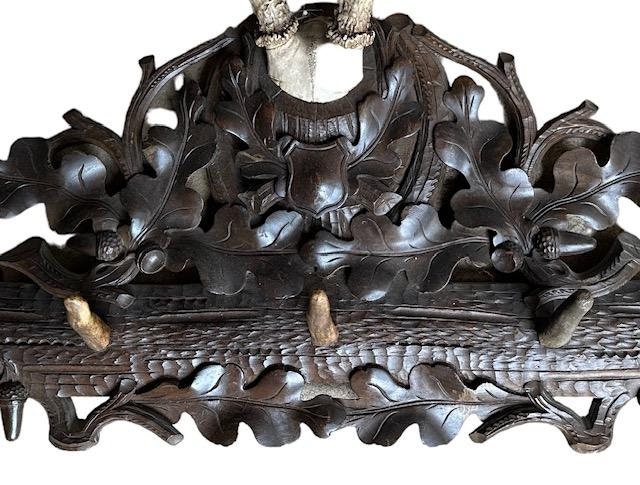 Black Forest Wood Carved Antler Rack with Real Antlers, 1900s
