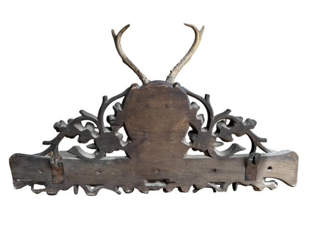 Black Forest Wood Carved Antler Rack with Real Antlers, 1900s