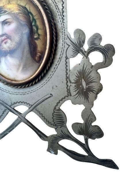 Hand Painted Porcelain Plaque of Jesus Christ in Silver Frame, Circa 1890