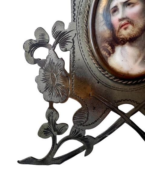 Hand Painted Porcelain Plaque of Jesus Christ in Silver Frame, Circa 1890