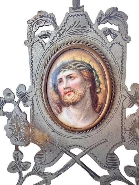 Hand Painted Porcelain Plaque of Jesus Christ in Silver Frame, Circa 1890