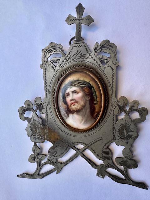 Hand Painted Porcelain Plaque of Jesus Christ in Silver Frame, Circa 1890