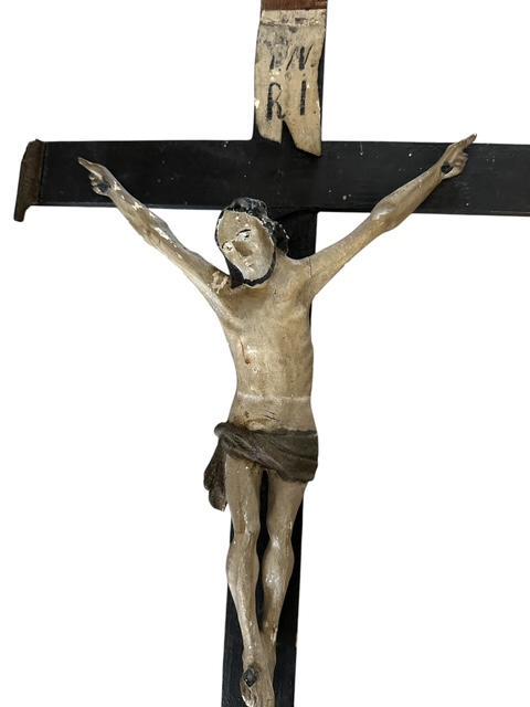 Wood Carved Crucifix with Mary and Jesus, Bavaria, 19th Century