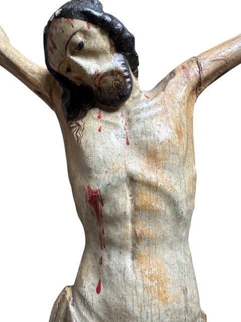 Antique Bavarian Hand-Carved Wood Crucifix with Jesus, 31 Inches