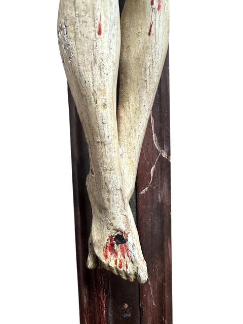 Antique Bavarian Hand-Carved Wood Crucifix with Jesus, 31 Inches