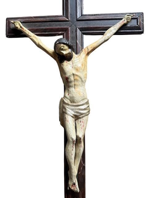 Antique Bavarian Hand-Carved Wood Crucifix with Jesus, 31 Inches