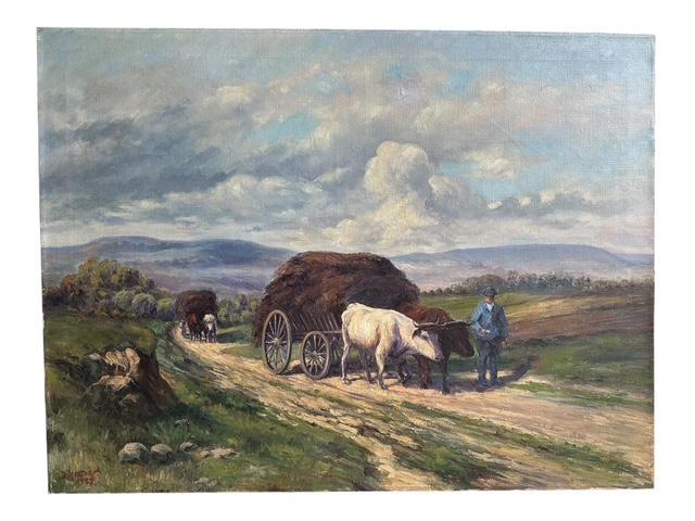 Oil on Canvas, Oxen in Field Pulling Harvest, Signed Holtorf 1929