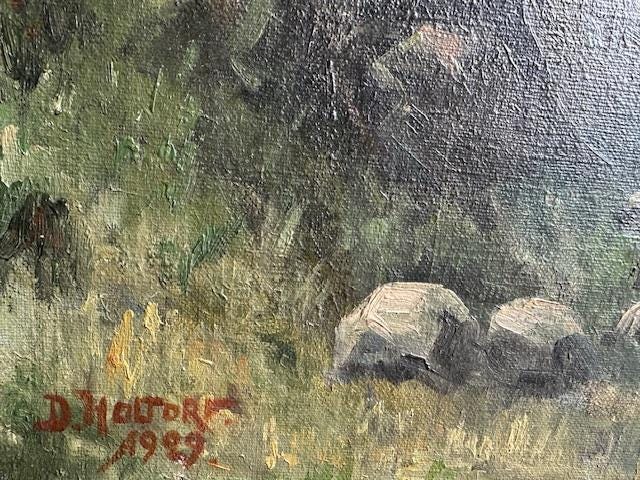 Oil on Canvas, Oxen in Field Pulling Harvest, Signed Holtorf 1929