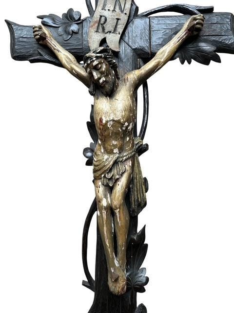 Large Black Forest Bavarian Crucifix, Hand-Carved Faux Bois