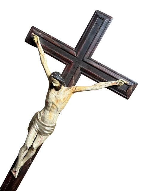 Antique Bavarian Hand-Carved Wood Crucifix with Jesus, 31 Inches