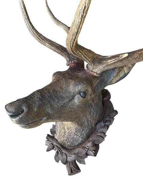 Wood Carved Antique Deer Stag Head Trophy