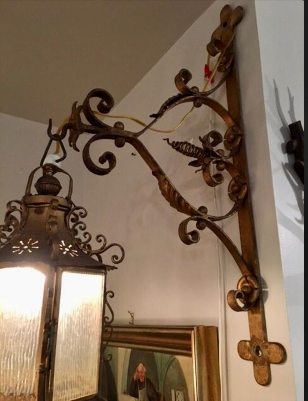 Italian Wall Sconce Lantern, Ornate Iron Bracket