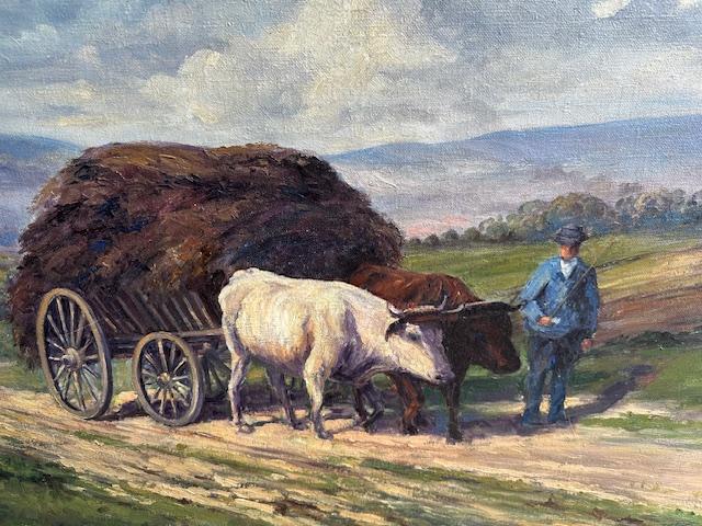Oil on Canvas, Oxen in Field Pulling Harvest, Signed Holtorf 1929