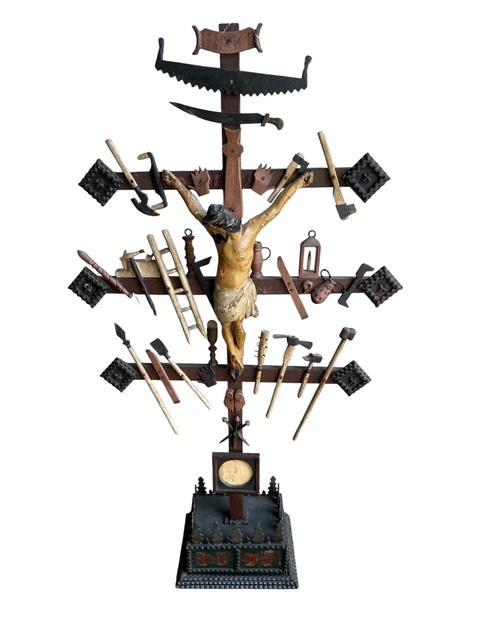 Outstanding Arma Christi Crucifix, Bavarian Folk Art Wood Carving