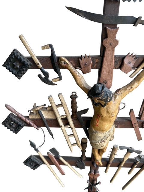 Outstanding Arma Christi Crucifix, Bavarian Folk Art Wood Carving