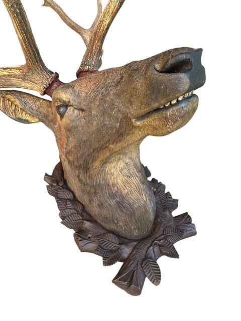 Wood Carved Antique Deer Stag Head Trophy