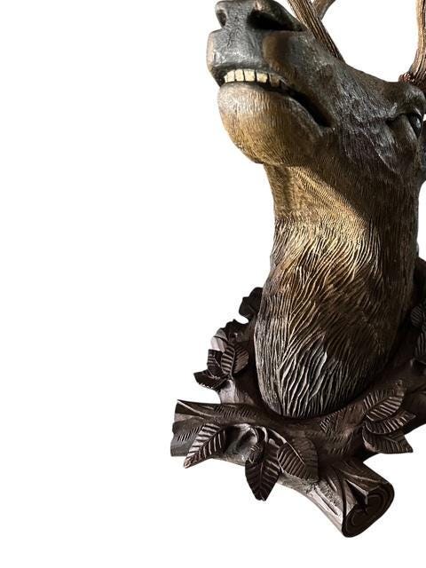 Wood Carved Antique Deer Stag Head Trophy