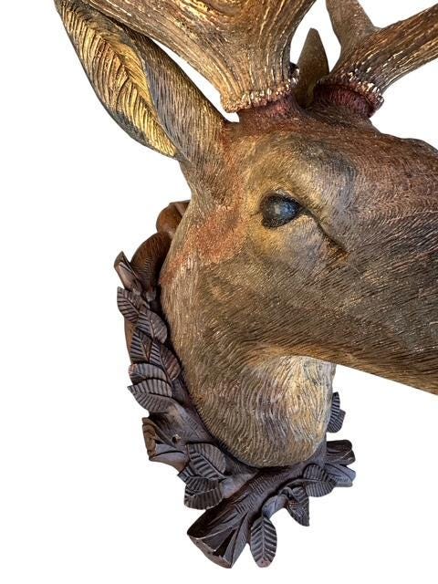Wood Carved Antique Deer Stag Head Trophy