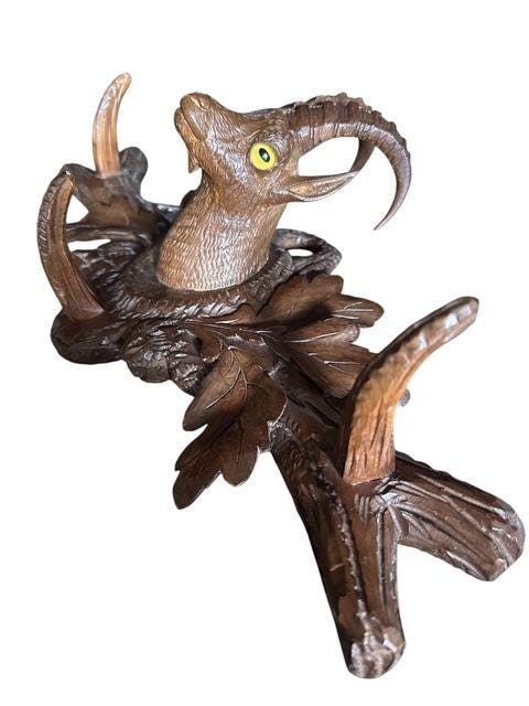 Black Forest Carved Goat Ibex Coat Hat Rack with Glass Eyes, 1900s