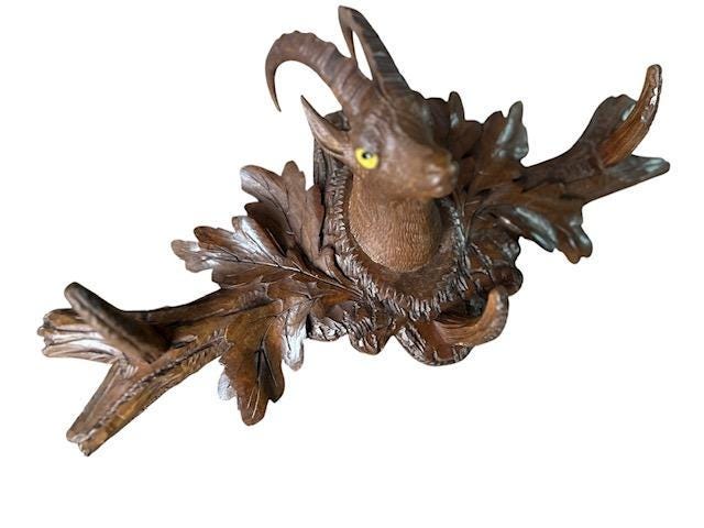 Black Forest Carved Goat Ibex Coat Hat Rack with Glass Eyes, 1900s