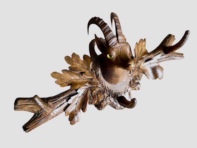 Black Forest Carved Goat Ibex Coat Hat Rack with Glass Eyes, 1900s