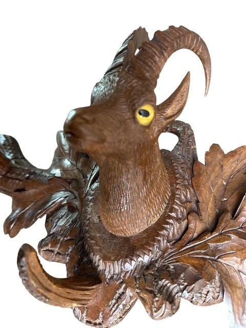 Black Forest Carved Goat Ibex Coat Hat Rack with Glass Eyes, 1900s
