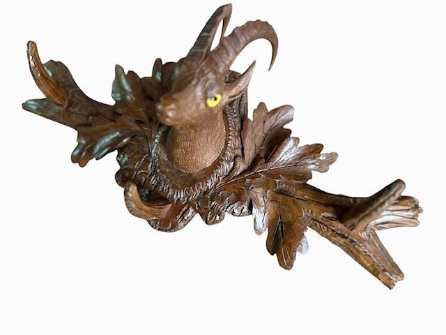 Black Forest Carved Goat Ibex Coat Hat Rack with Glass Eyes, 1900s