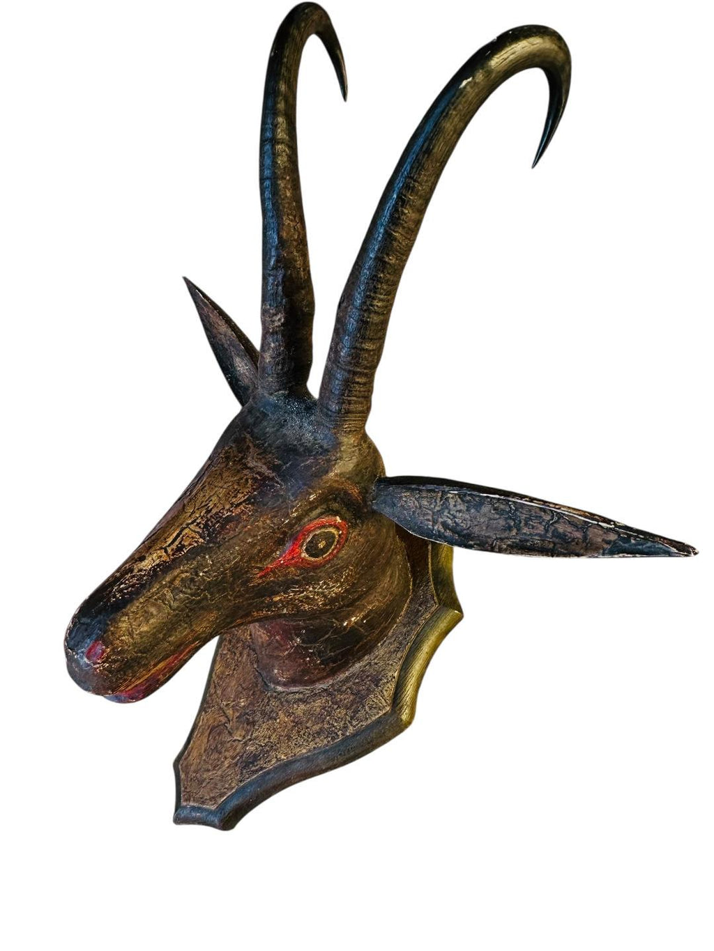 Antique Wood Carved Chamois Goat Head, Found in Austria, 19th Century