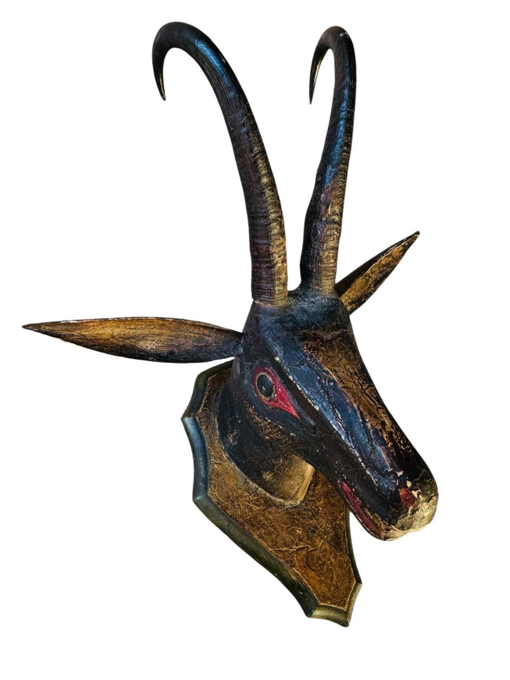 Antique Wood Carved Chamois Goat Head, Found in Austria, 19th Century