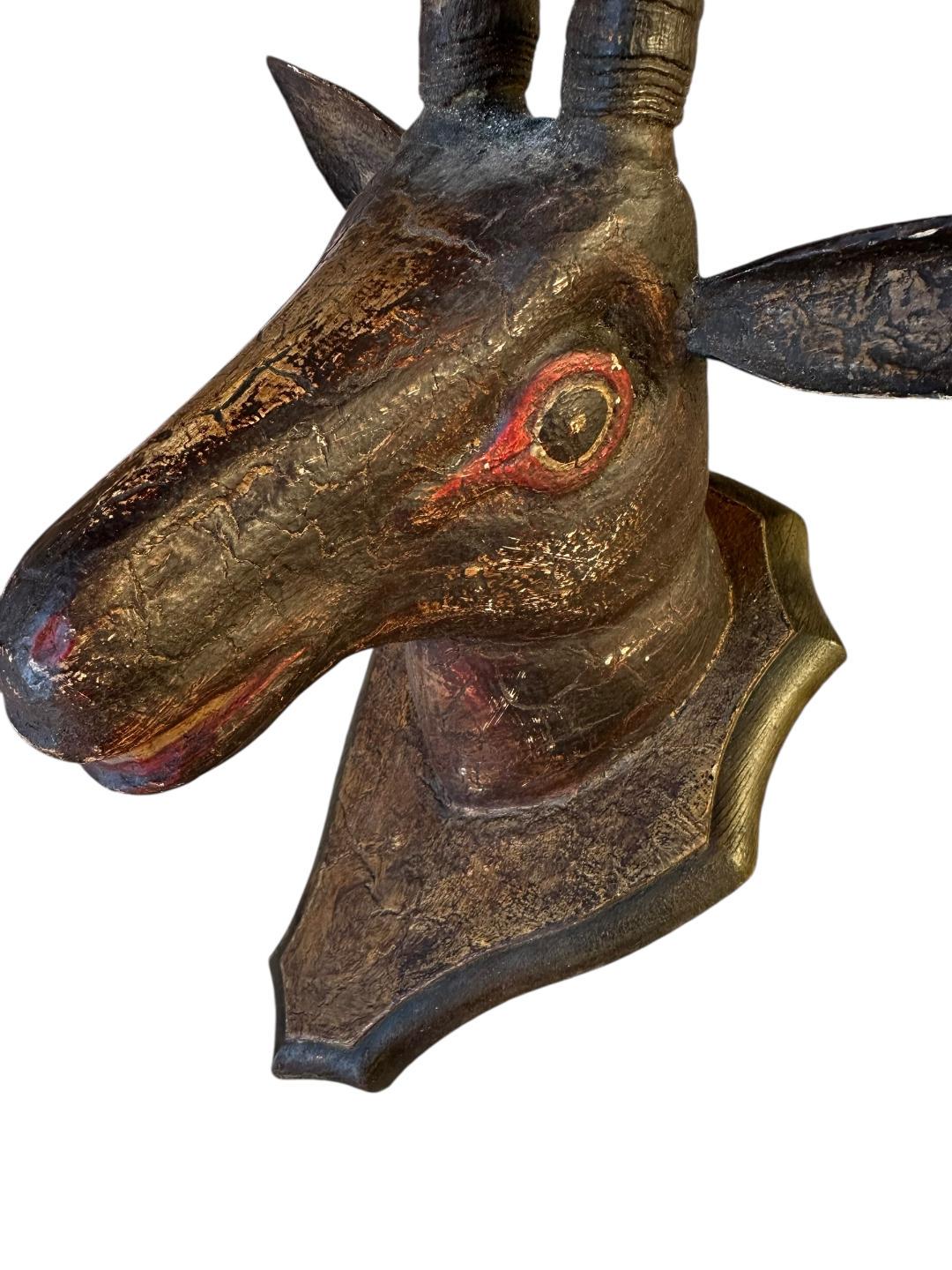 Antique Wood Carved Chamois Goat Head, Found in Austria, 19th Century