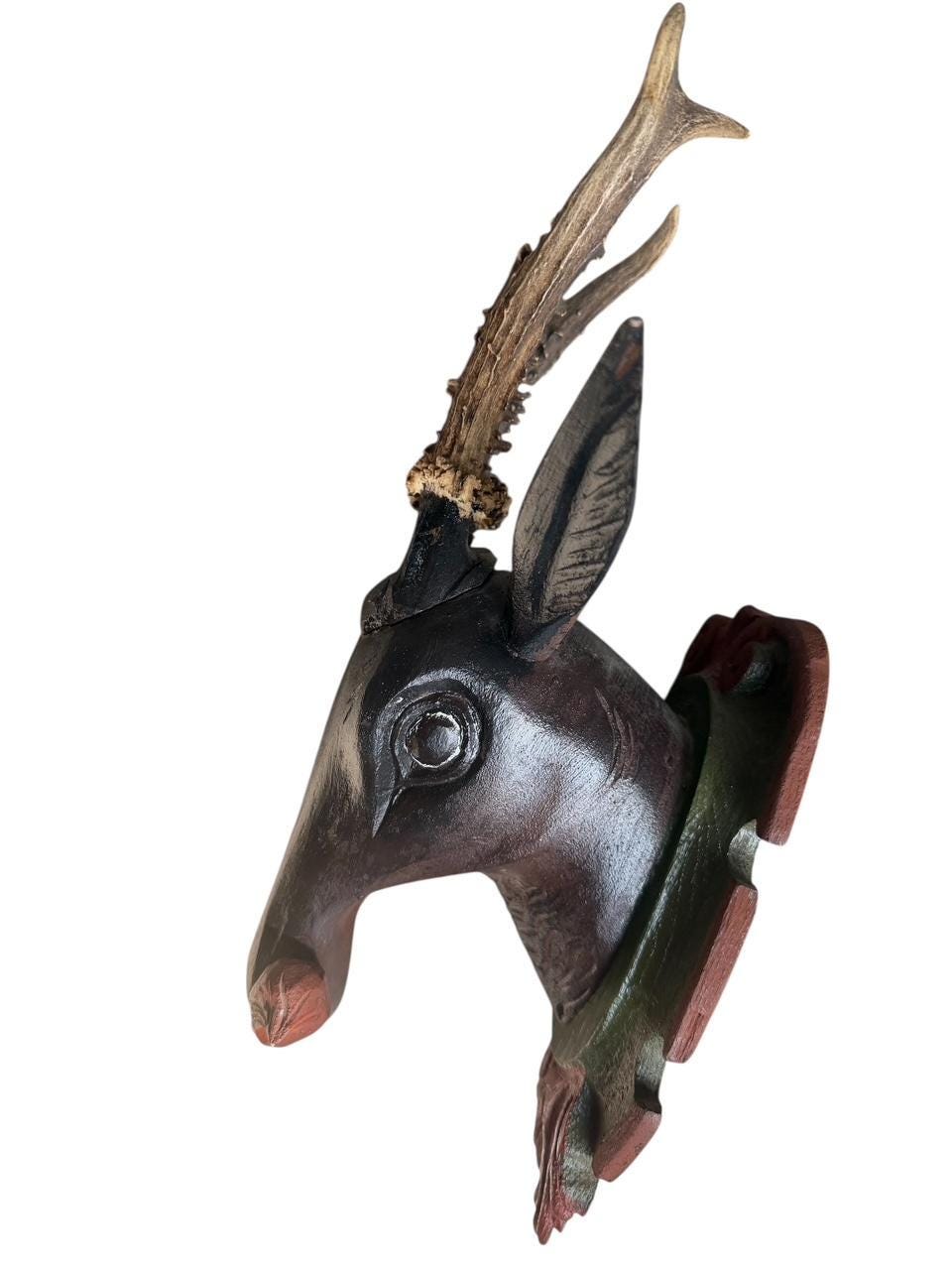 Black Forest Carved Wood Deer Head with Real Antlers, 19th Century
