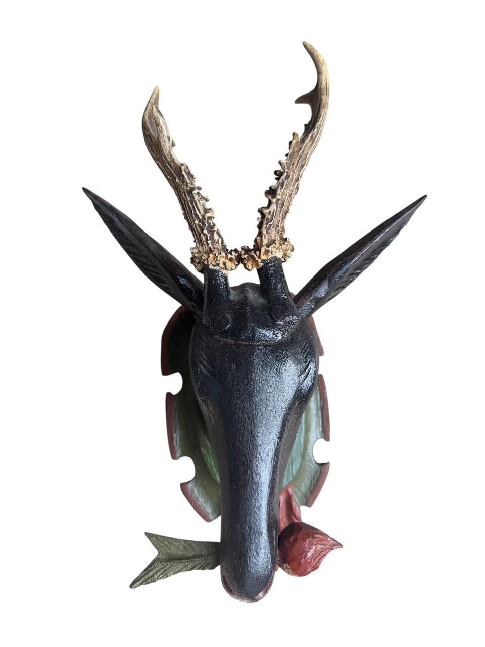 Black Forest Carved Wood Deer Head with Real Antlers, 19th Century
