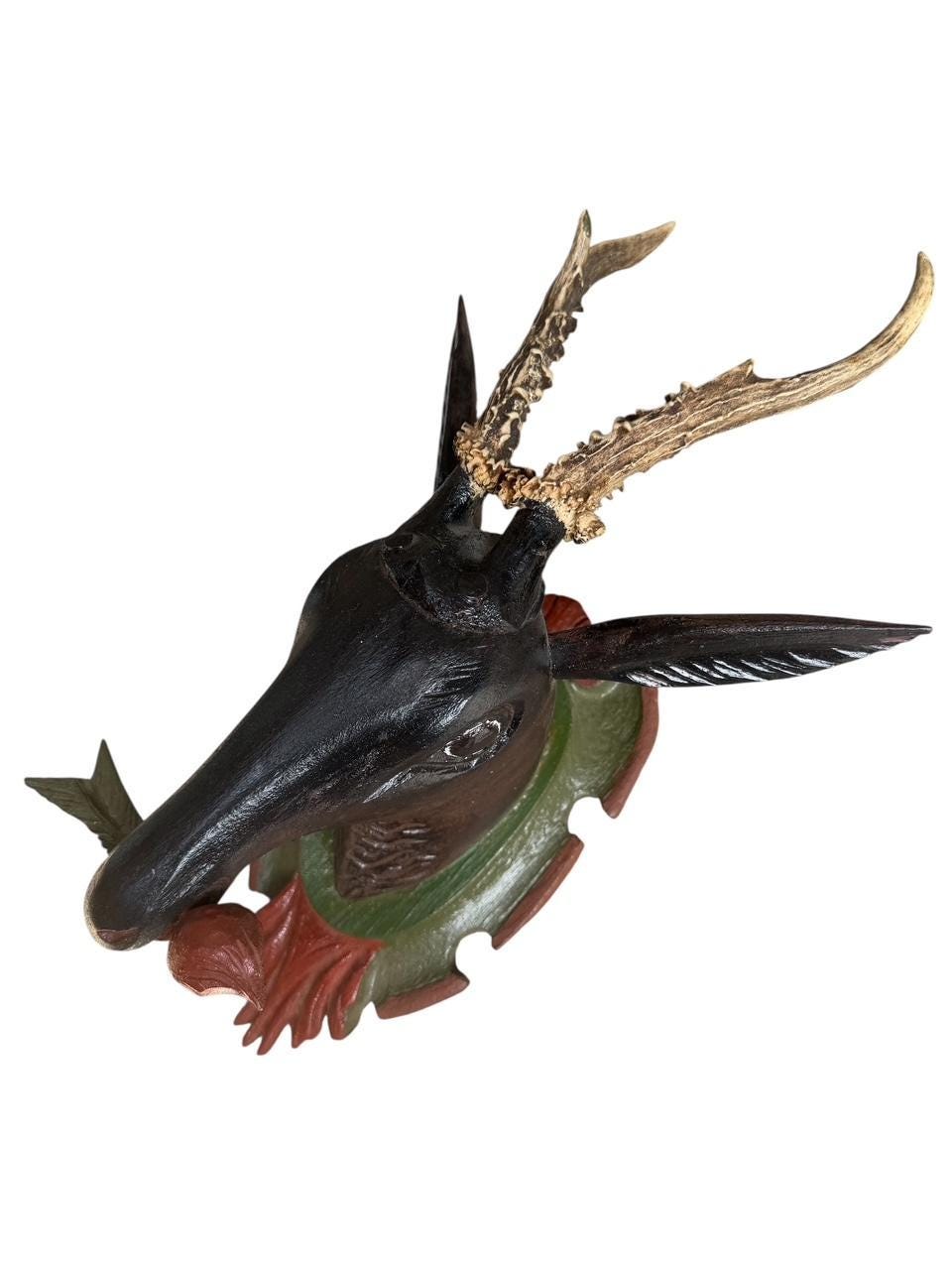 Black Forest Carved Wood Deer Head with Real Antlers, 19th Century