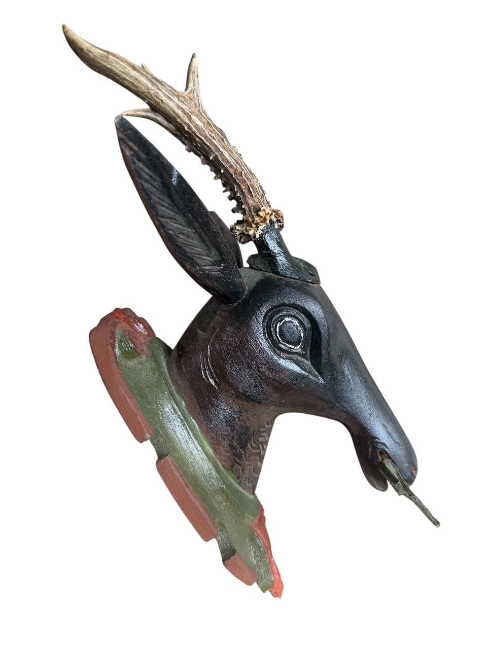 Black Forest Carved Wood Deer Head with Real Antlers, 19th Century