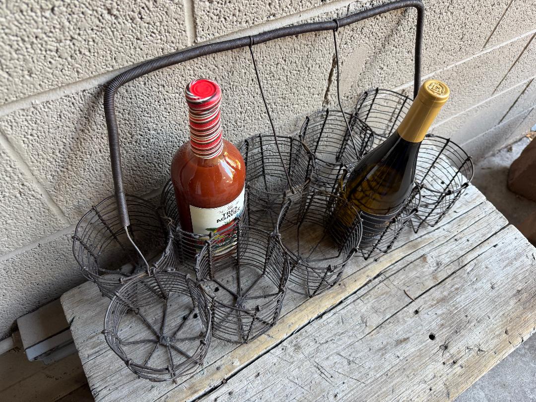 Antique French Wire Bottle Basket, Holds 10 Bottles