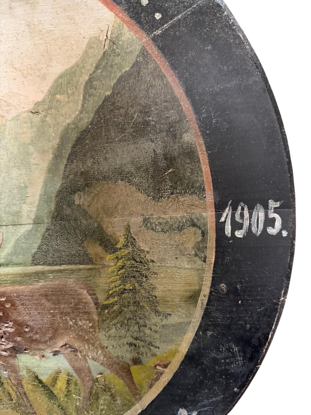 German Shooting Target with Bullet Holes, 1905, Black Forest Decor, Painted on Wood