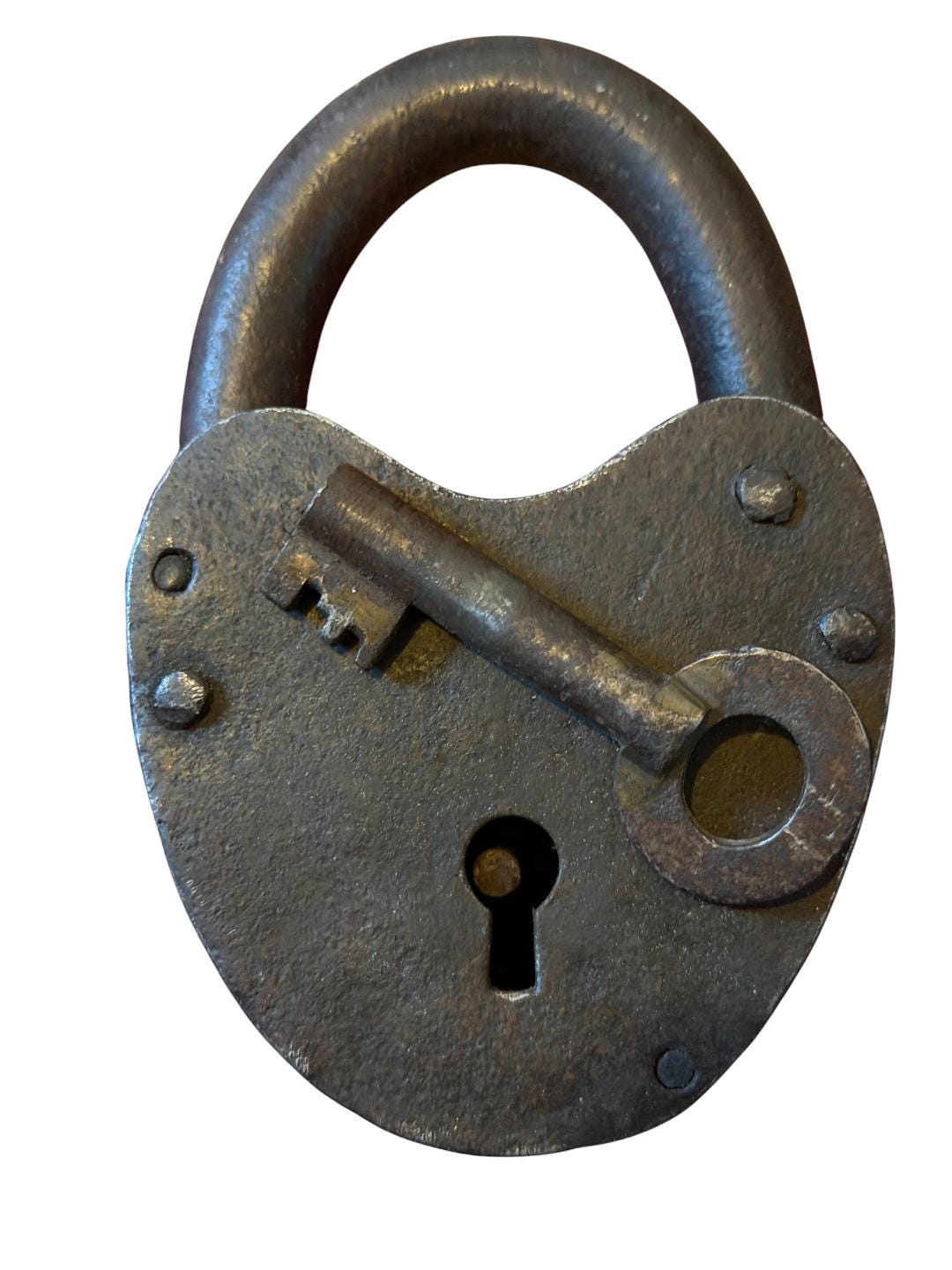 Antique Heavy Duty Forged Iron Padlock with Key, 19th Century