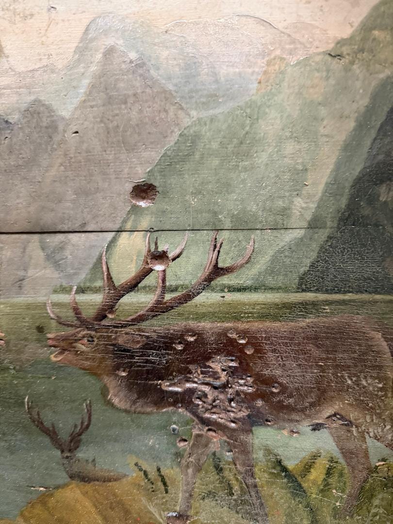 German Shooting Target with Bullet Holes, 1905, Black Forest Decor, Painted on Wood