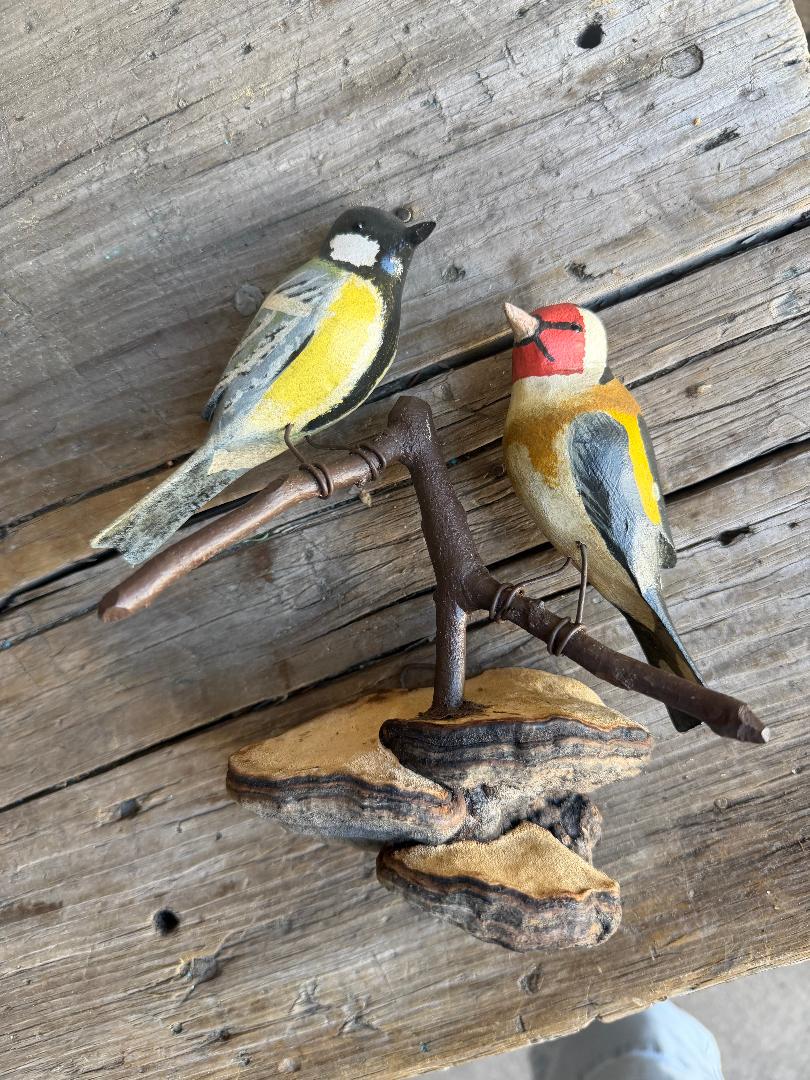 Austrian Folk Art Carved Wood Birds, 7.5 Inches, 1930s