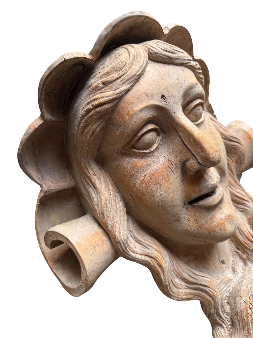 Pair of Antique German Carved Wood Heads, Dionysus and Bacchus