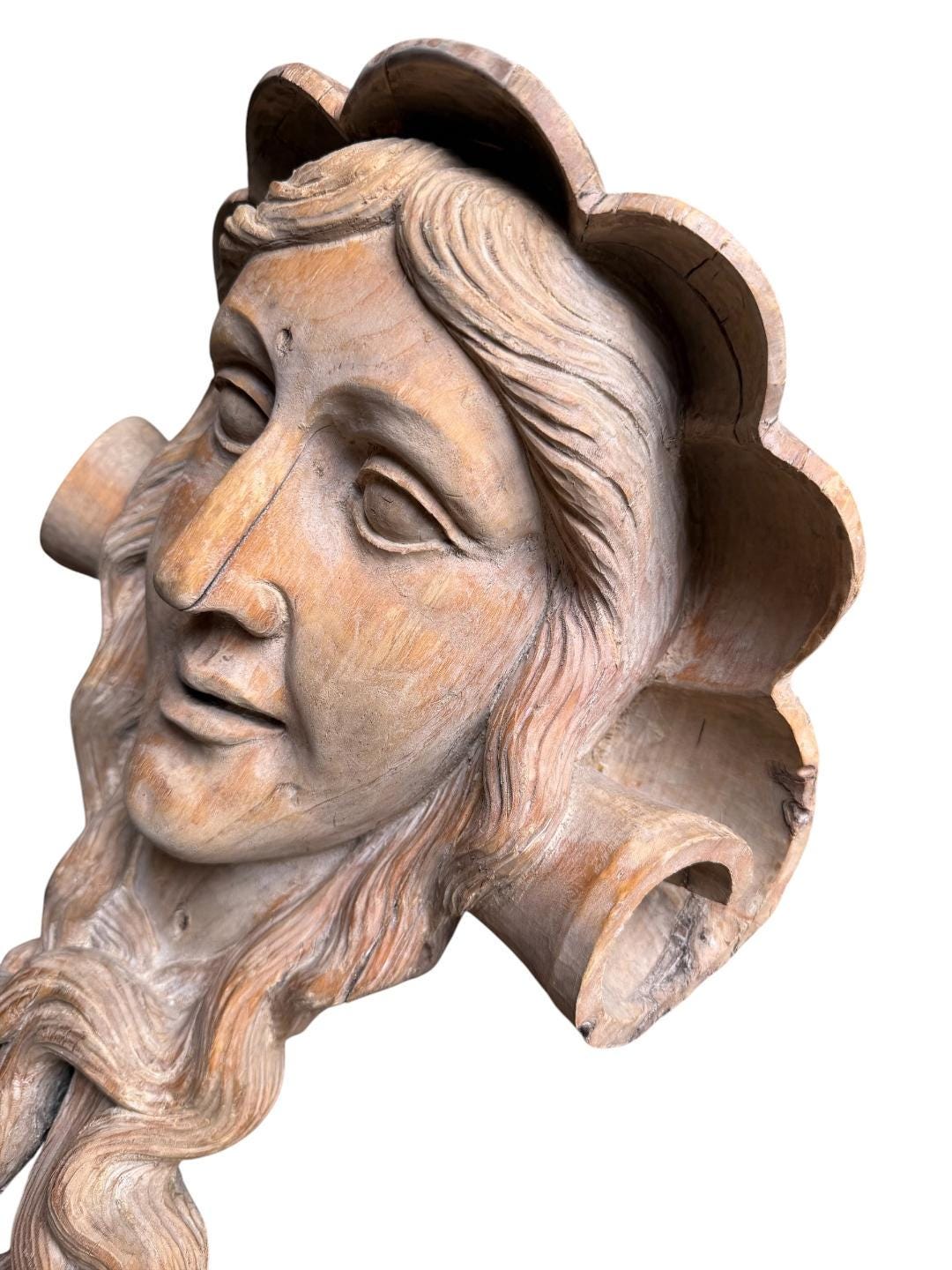 Pair of Antique German Carved Wood Heads, Dionysus and Bacchus