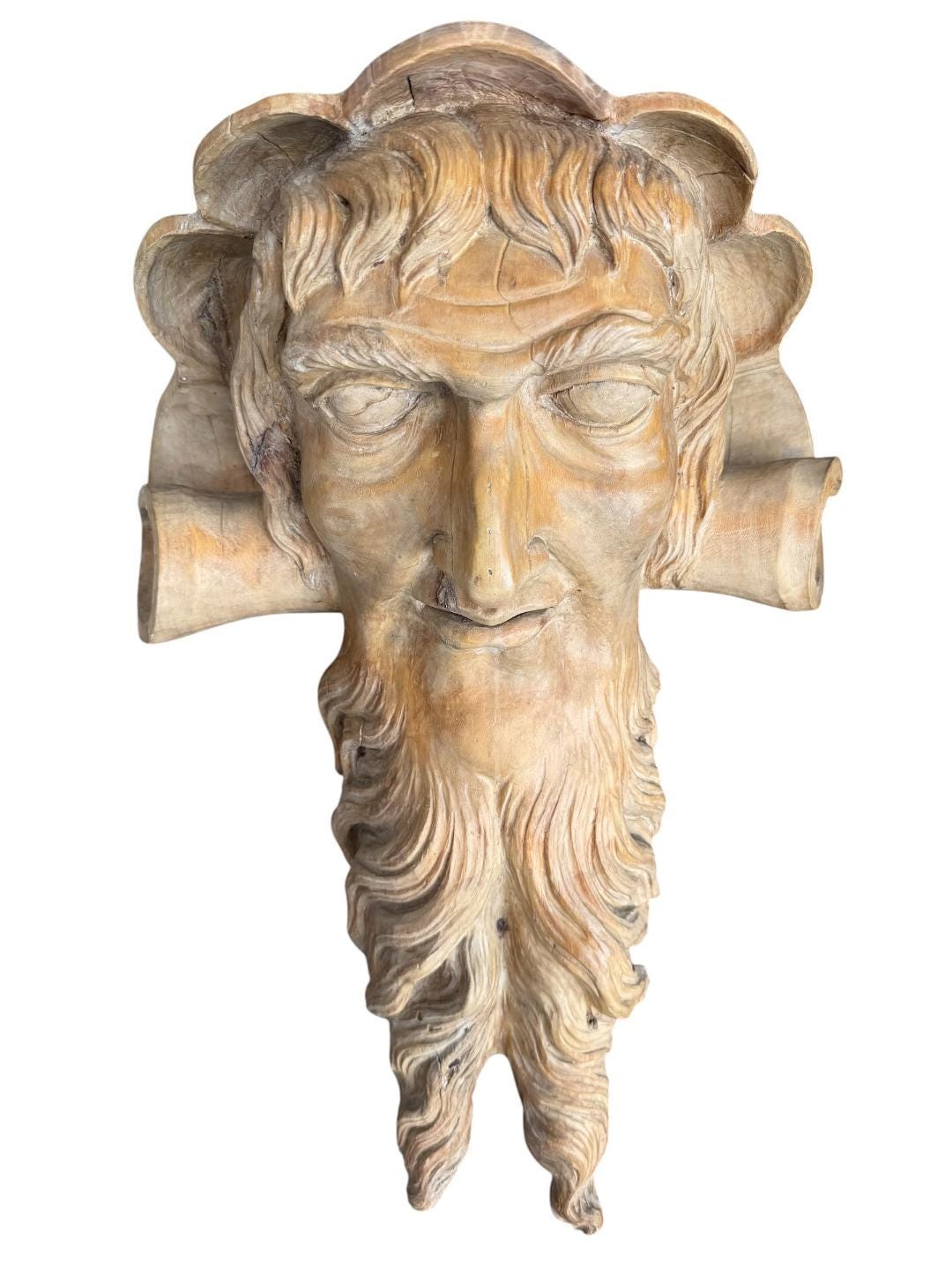 Pair of Antique German Carved Wood Heads, Dionysus and Bacchus