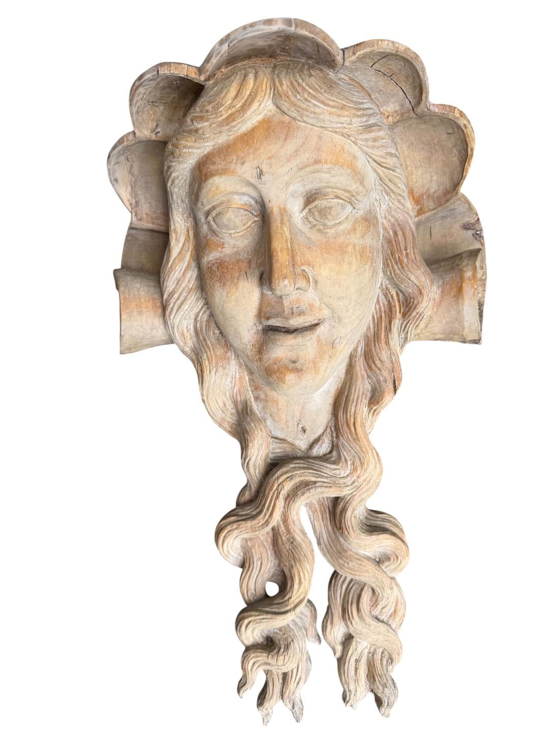 Pair of Antique German Carved Wood Heads, Dionysus and Bacchus