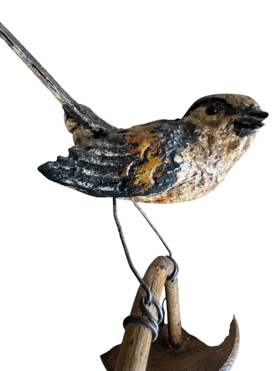 Austrian Folk Art Carved Wood Wren, 7.75 Inches, 1930s