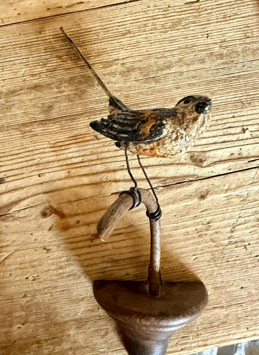 Austrian Folk Art Carved Wood Wren, 7.75 Inches, 1930s