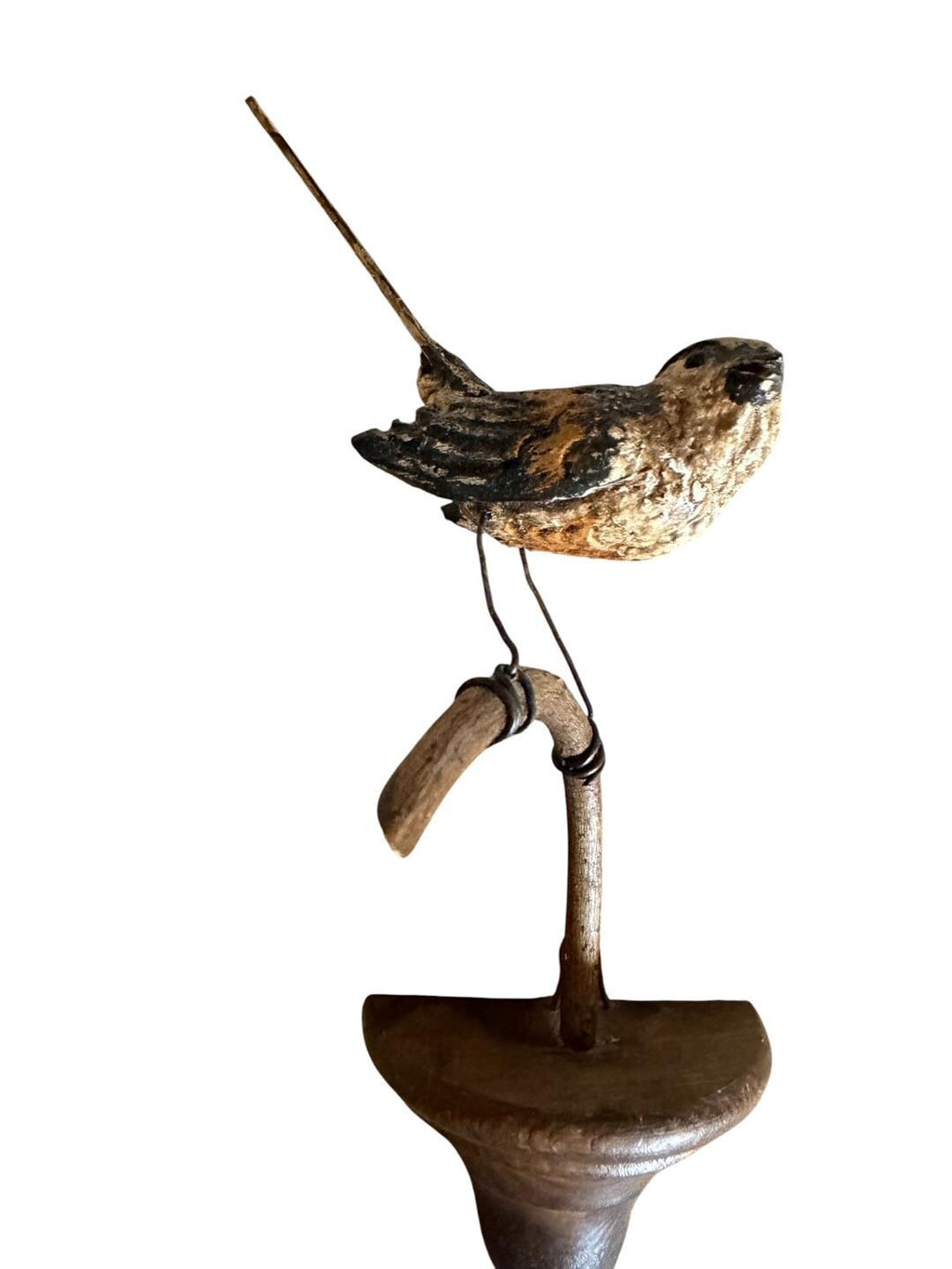 Austrian Folk Art Carved Wood Wren, 7.75 Inches, 1930s
