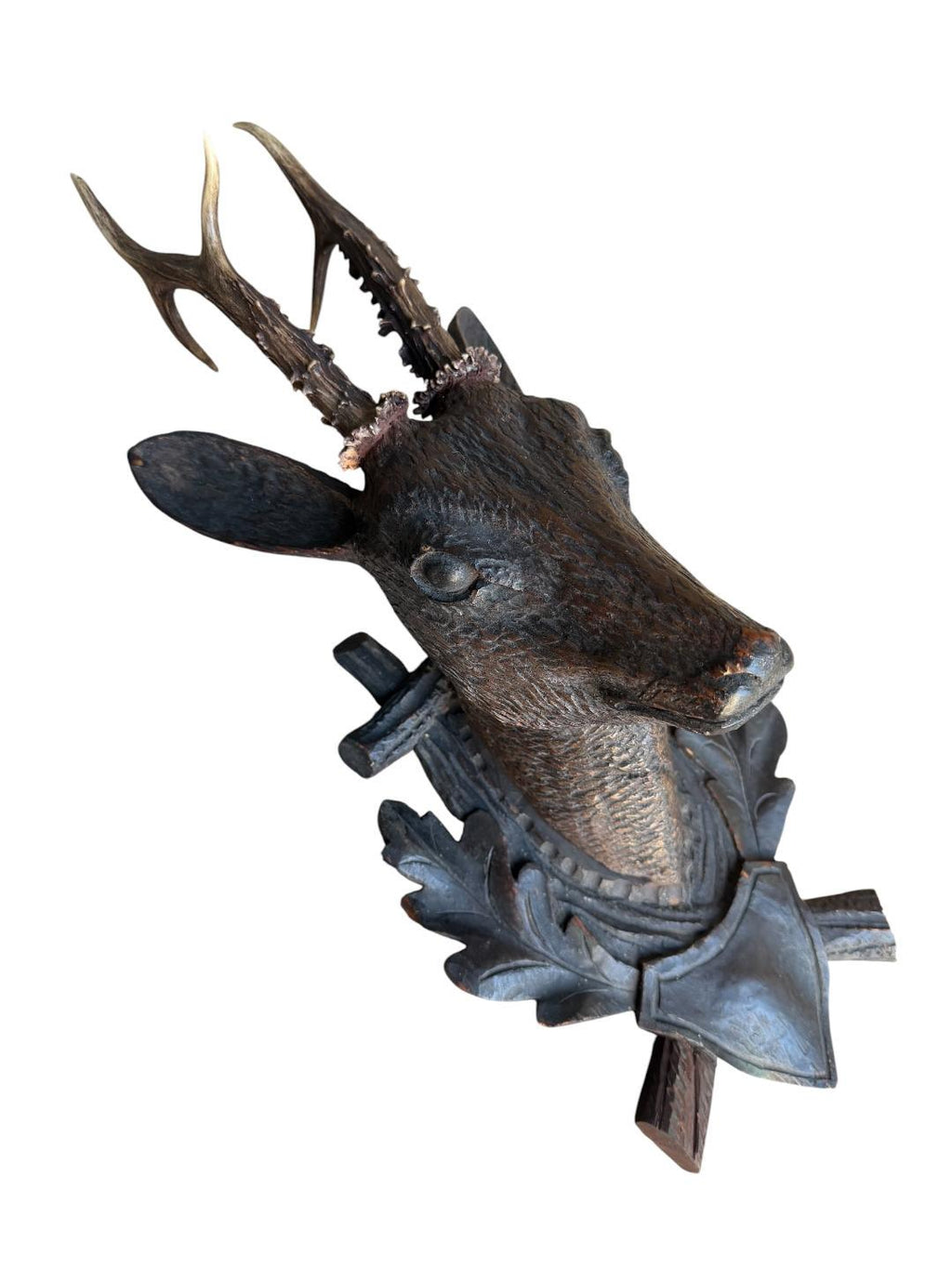 Black Forest Hand-Carved Wood Deer Head with Real Antlers