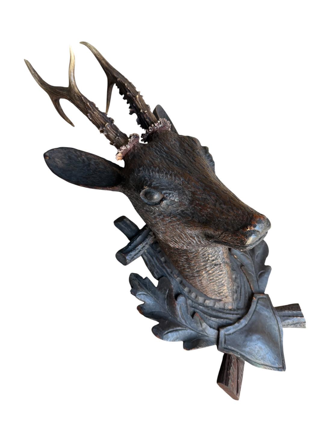 Black Forest Hand-Carved Wood Deer Head with Real Antlers